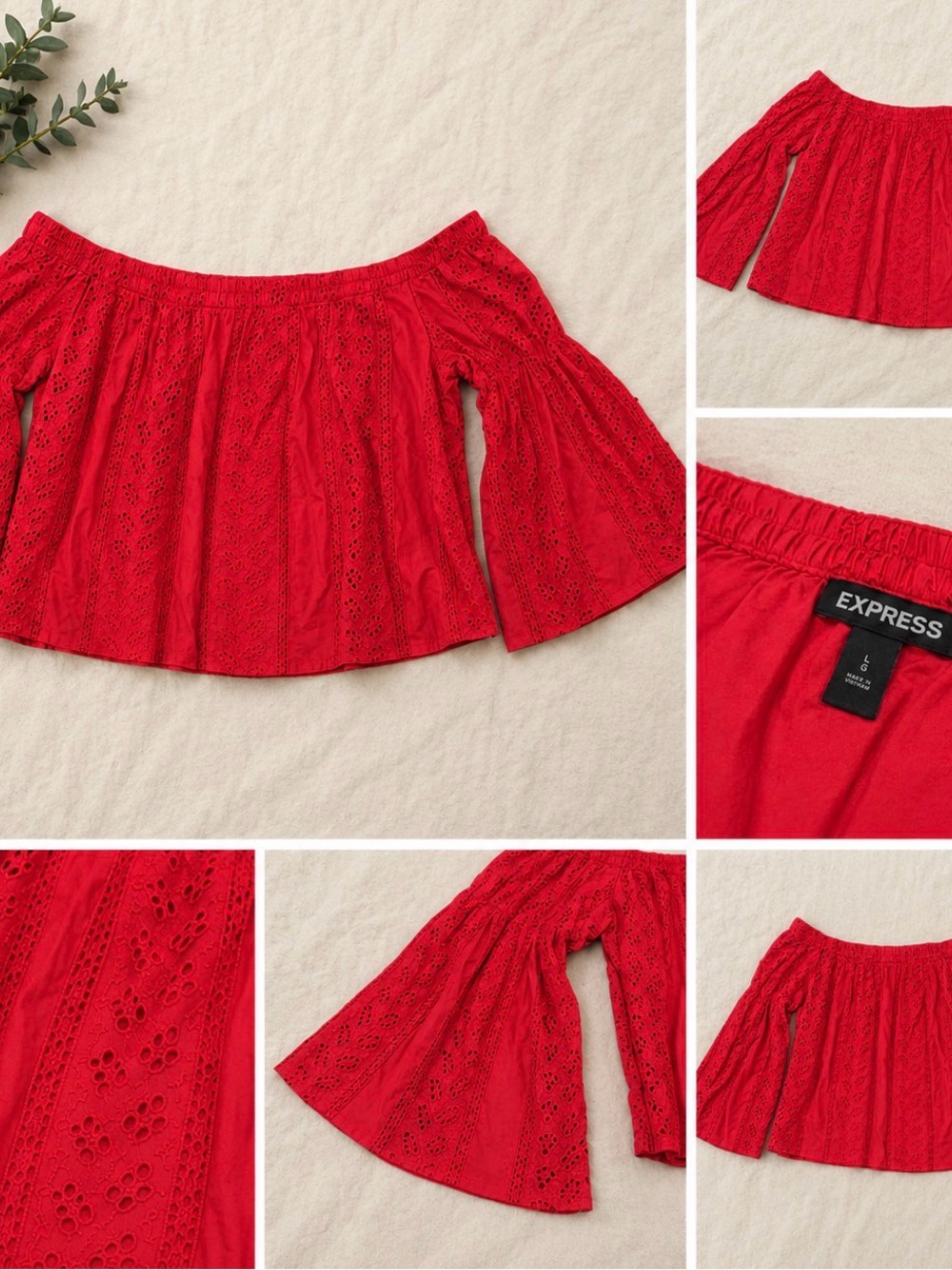 Express Red Off-Shoulder Eyelet Bell-Sleeve Top